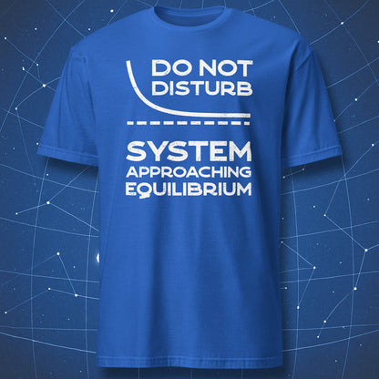Royal blue T-shirt featuring the Do Not Disturb equilibrium physics joke