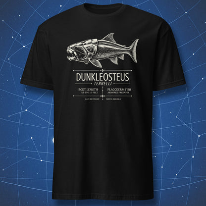 Black T-shirt with Dunkleosteus terrelli prehistoric armored fish design