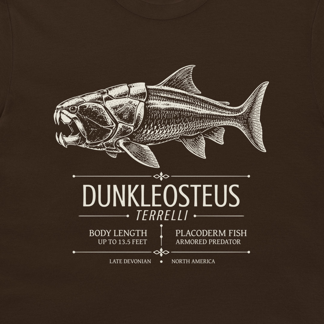 Dunkleosteus terrelli scientific specimen design on dark chocolate T-shirt