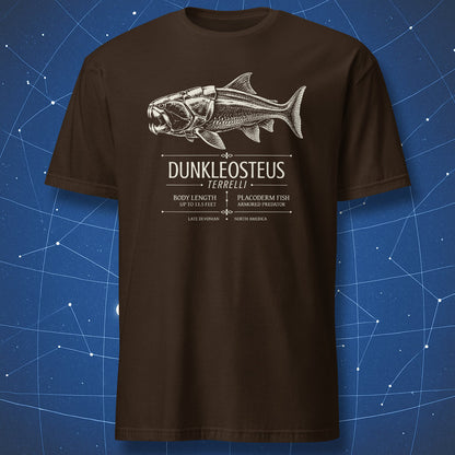 Dark chocolate T-shirt with Dunkleosteus prehistoric armored fish design