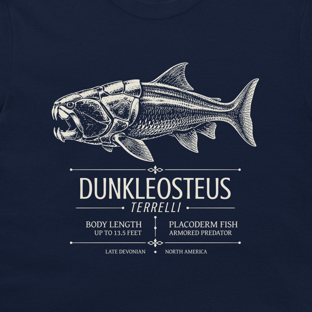 Dunkleosteus terrelli Devonian armored fish design on navy T-shirt