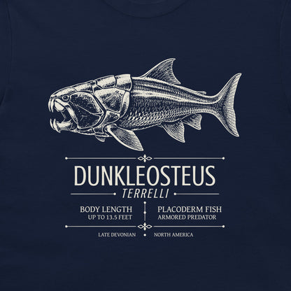 Dunkleosteus terrelli Devonian armored fish design on navy T-shirt