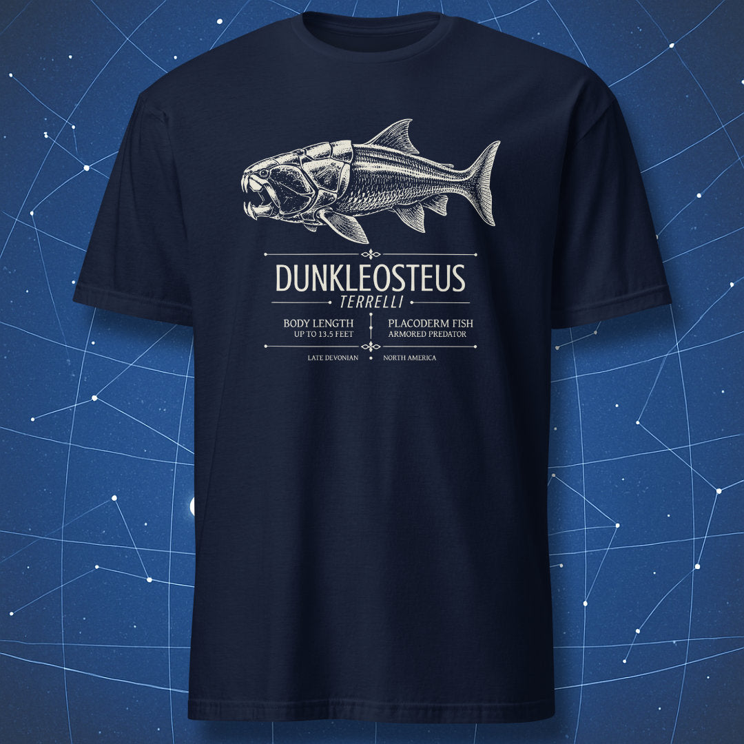 Navy T-shirt with Dunkleosteus terrelli prehistoric fish illustration