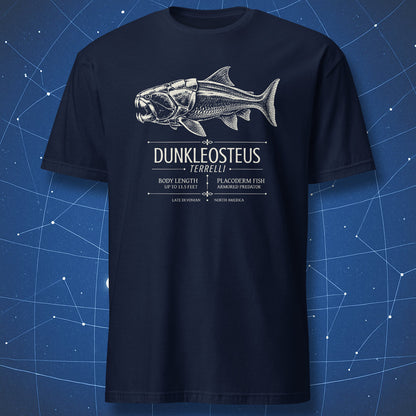 Navy T-shirt with Dunkleosteus terrelli prehistoric fish illustration