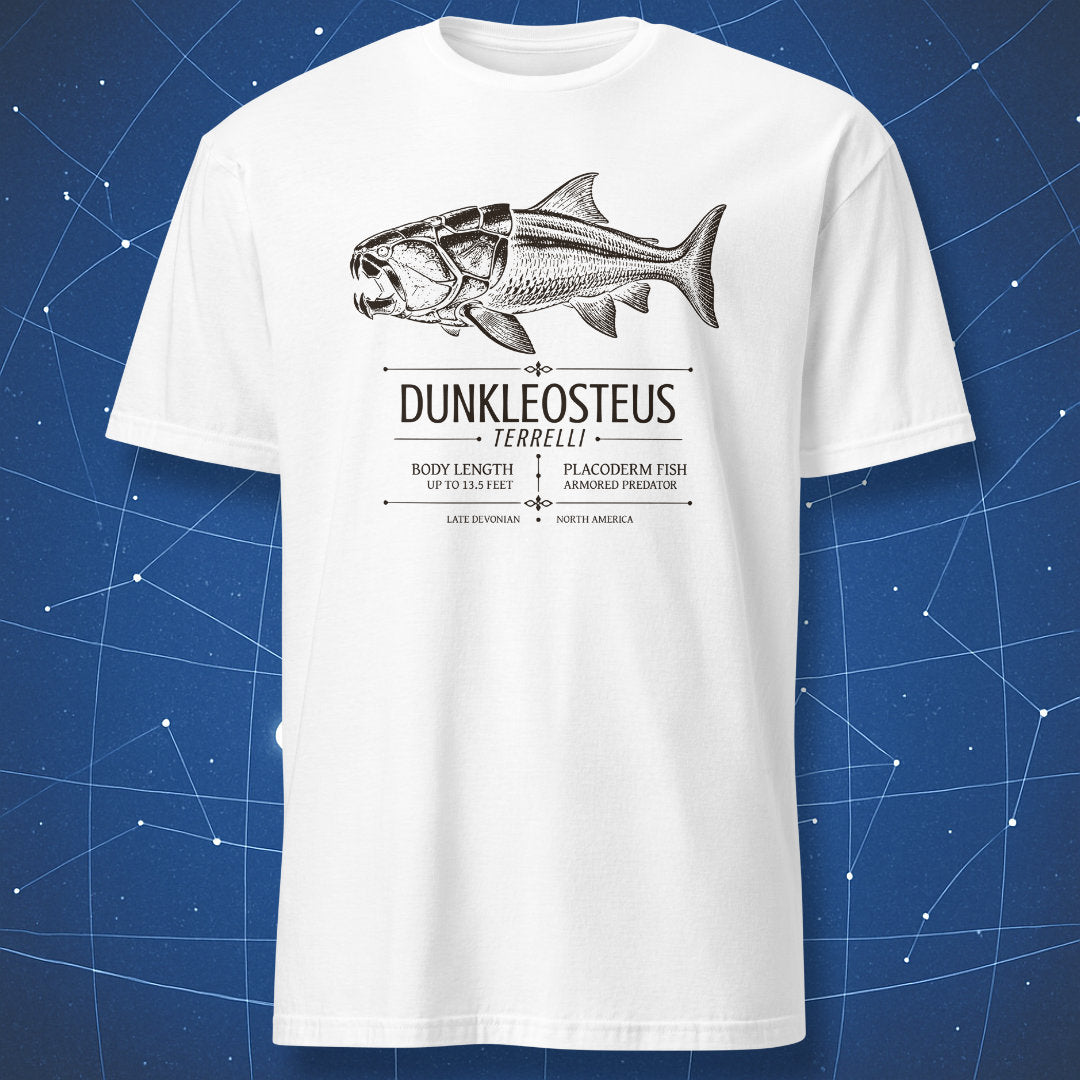 White T-shirt with Dunkleosteus terrelli prehistoric armored fish design