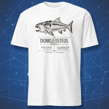 White T-shirt with Dunkleosteus terrelli prehistoric armored fish design
