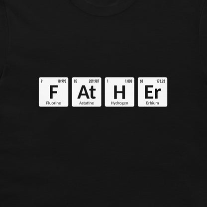 Close-up of F At H Er periodic table chemistry design on black T-shirt