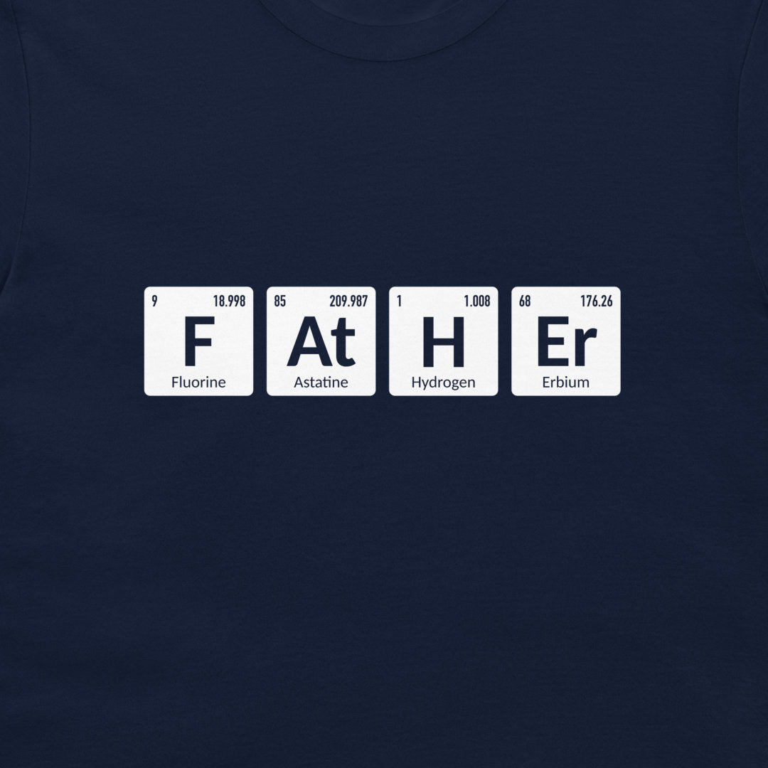 Close-up of F At H Er periodic table chemistry design on navy T-shirt