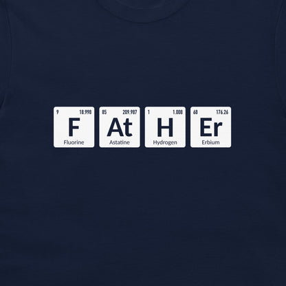 Close-up of F At H Er periodic table chemistry design on navy T-shirt