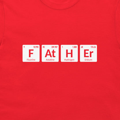 Close-up of F At H Er periodic table chemistry design on red T-shirt