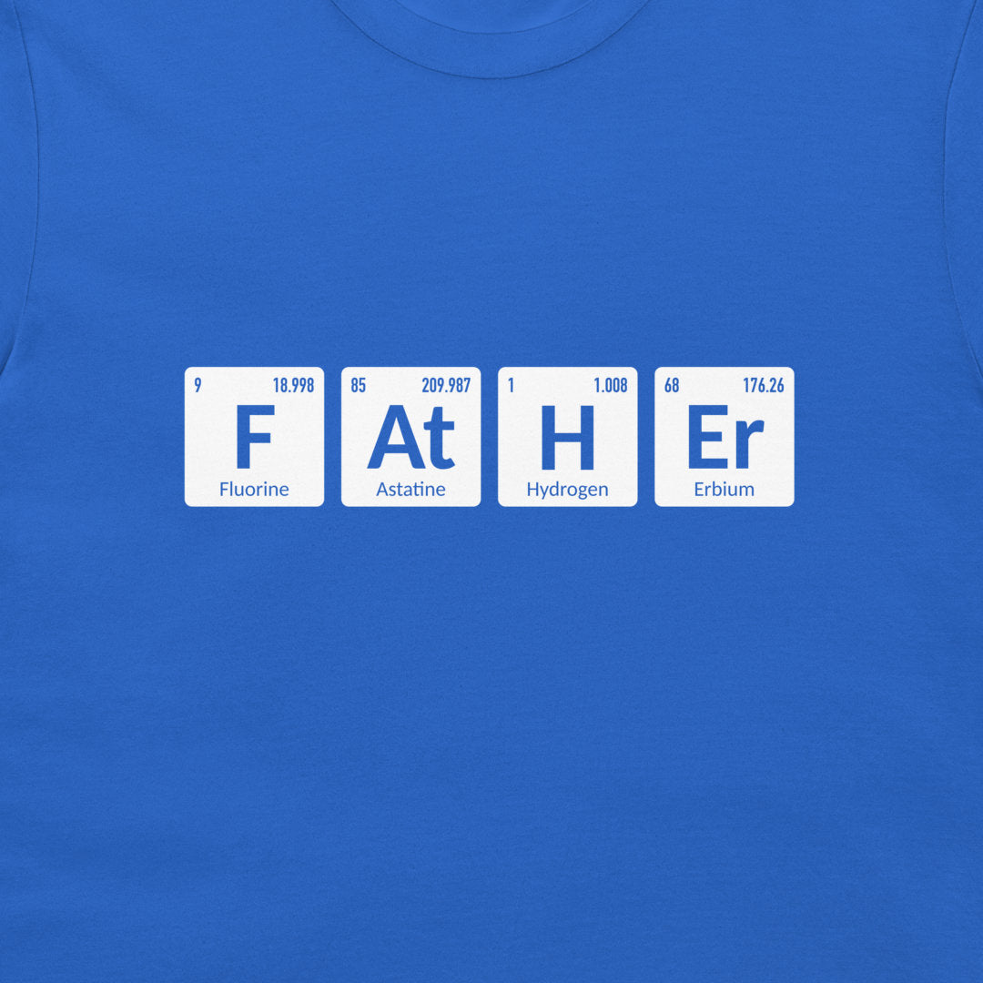 Close-up of F At H Er periodic table chemistry design on royal blue T-shirt