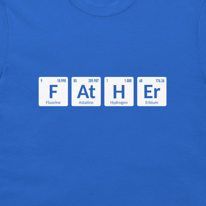 Close-up of F At H Er periodic table chemistry design on royal blue T-shirt