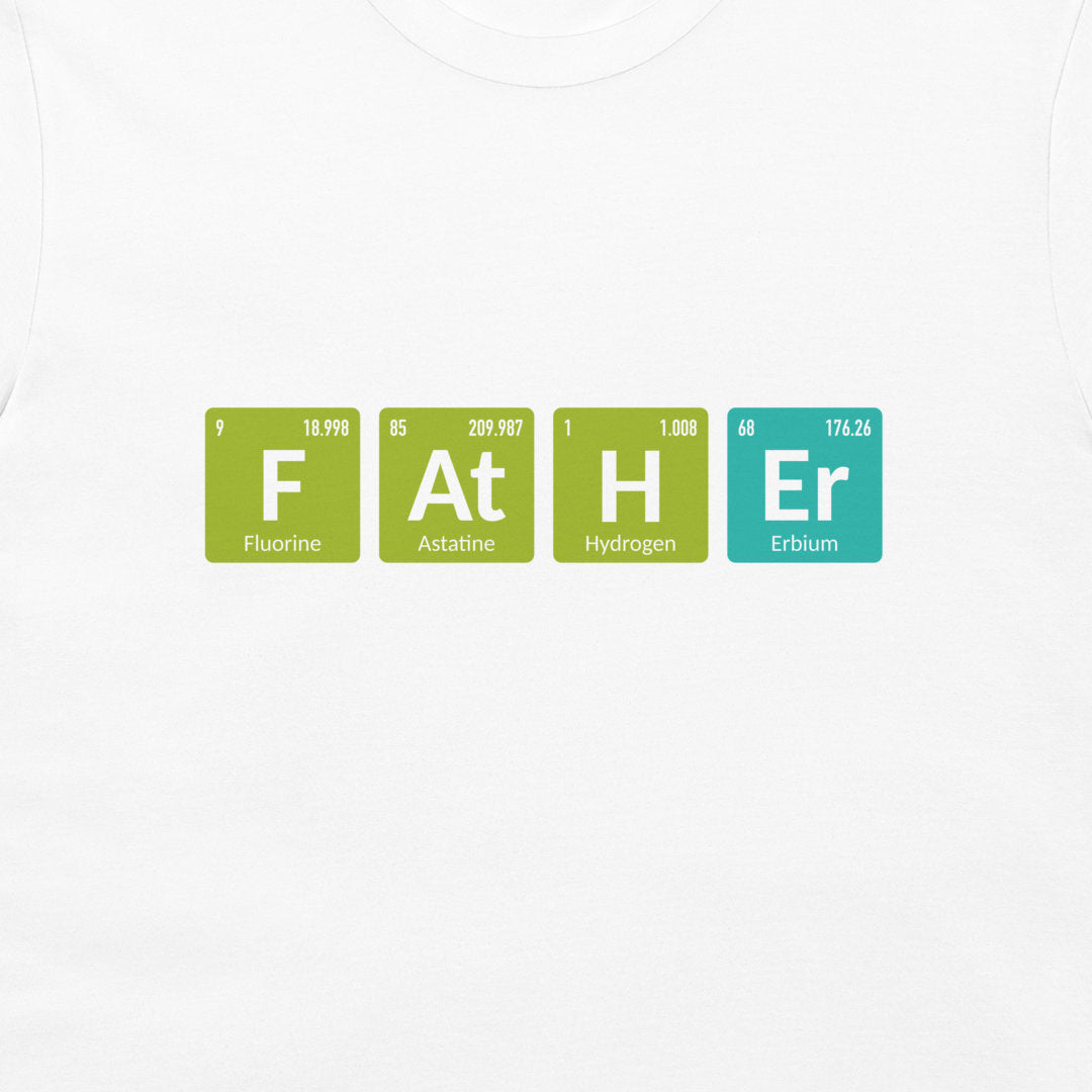 Close-up of colorful F At H Er periodic table chemistry design on white T-shirt