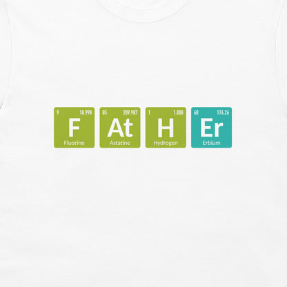 Close-up of colorful F At H Er periodic table chemistry design on white T-shirt