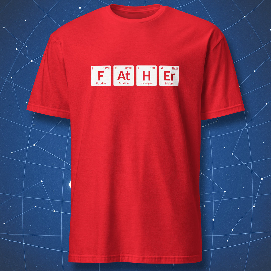 Red Father periodic table T-shirt with F At H Er chemistry design