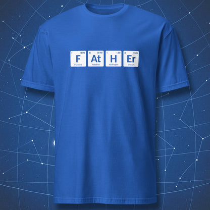 Royal blue Father periodic table T-shirt with F At H Er chemistry design