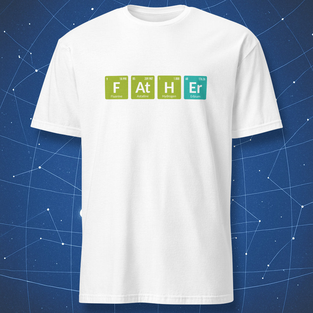 White Father periodic table T-shirt with colorful F At H Er chemistry design