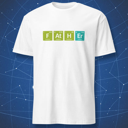 White Father periodic table T-shirt with colorful F At H Er chemistry design