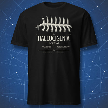 Black T-shirt with Hallucigenia sparsa Cambrian fossil design