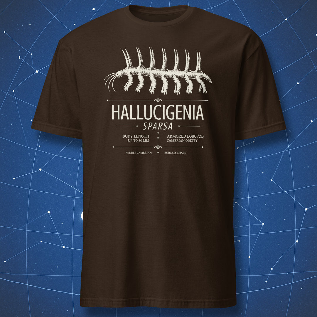 Dark chocolate T-shirt with Hallucigenia prehistoric creature illustration