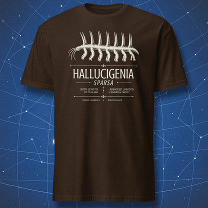 Dark chocolate T-shirt with Hallucigenia prehistoric creature illustration
