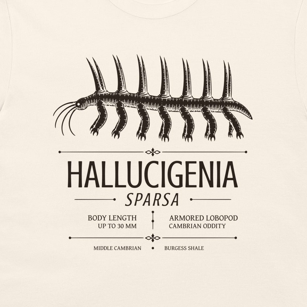 Hallucigenia sparsa museum-style prehistoric design on natural T-shirt