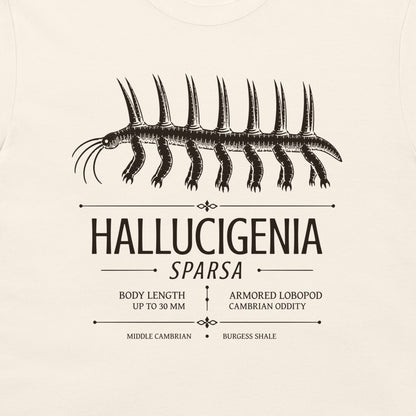 Hallucigenia sparsa museum-style prehistoric design on natural T-shirt