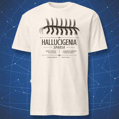Natural T-shirt with Hallucigenia sparsa Cambrian lobopod illustration