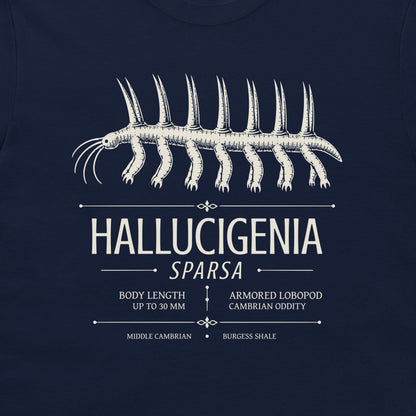 Hallucigenia sparsa Burgess Shale fossil design on navy T-shirt