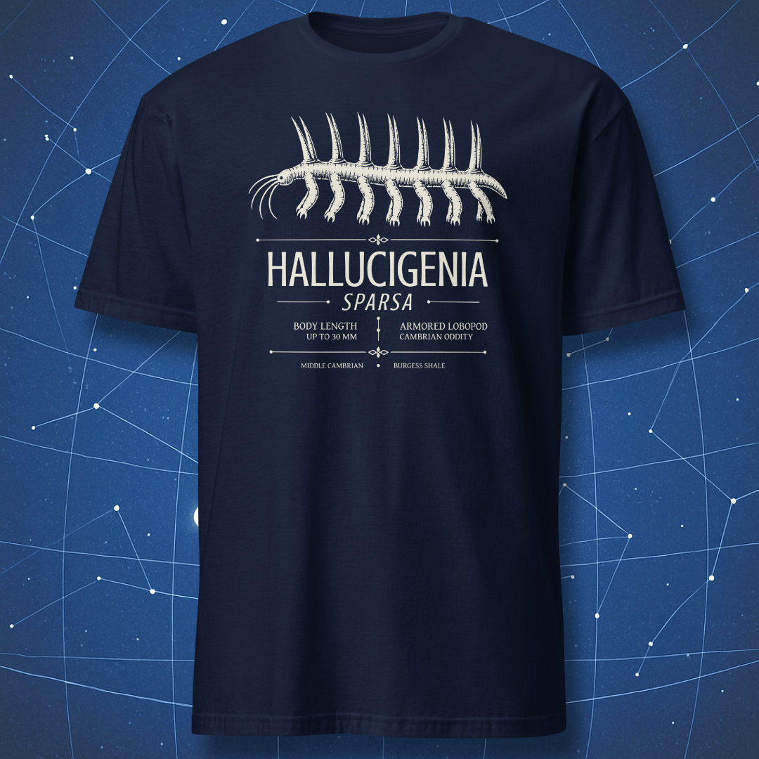 Navy T-shirt with Hallucigenia sparsa prehistoric Cambrian design
