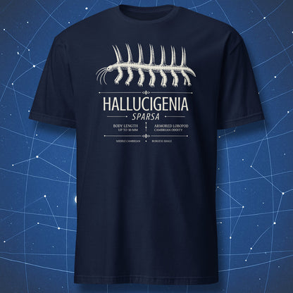 Navy T-shirt with Hallucigenia sparsa prehistoric Cambrian design
