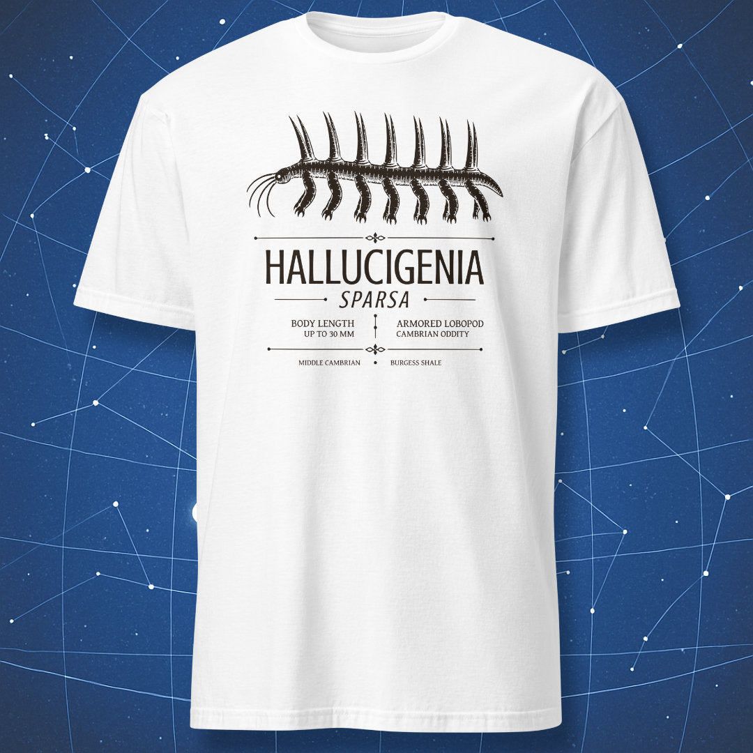 White T-shirt with Hallucigenia sparsa prehistoric fossil design