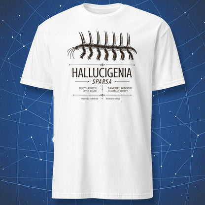 White T-shirt with Hallucigenia sparsa prehistoric fossil design