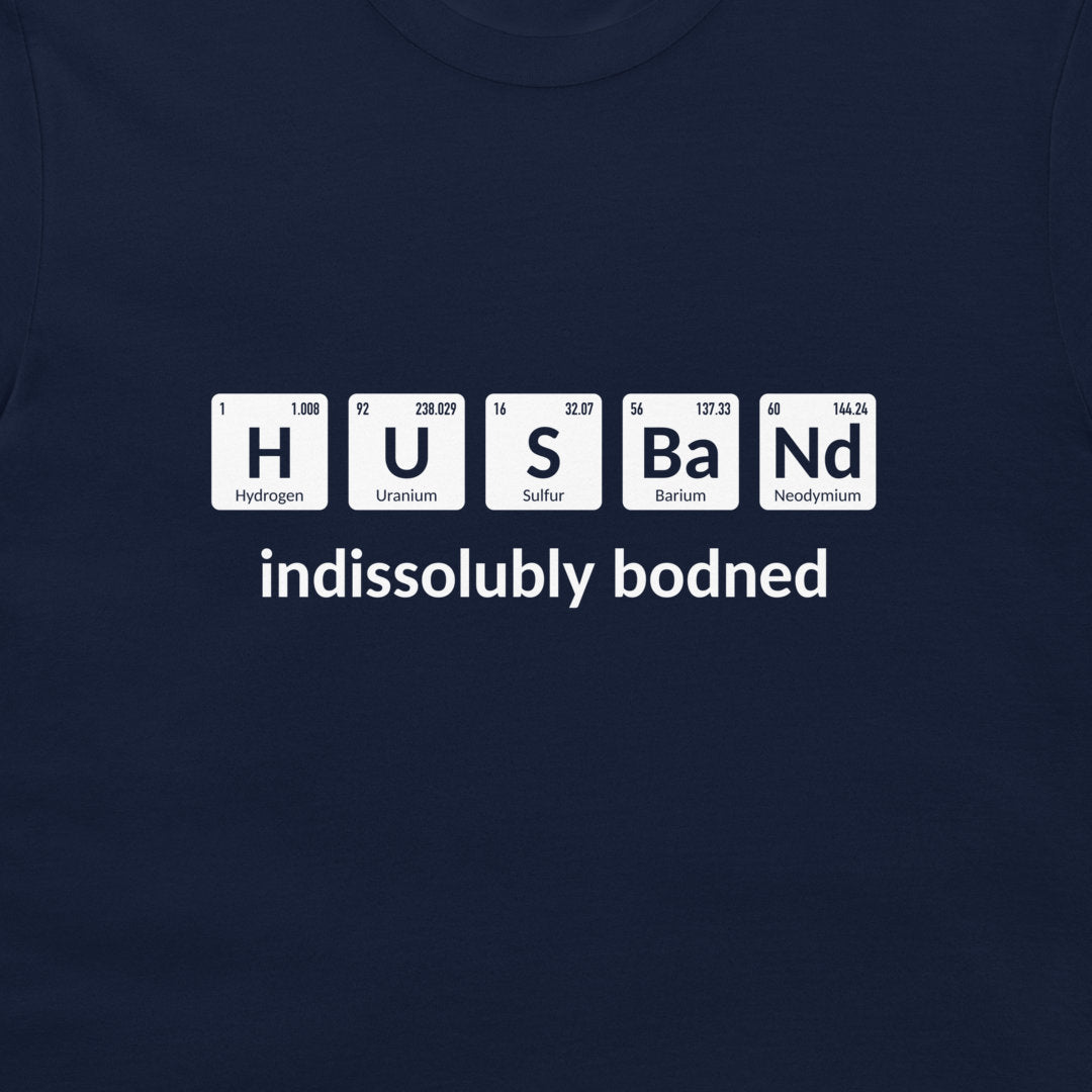 Close-up of navy chemistry T-shirt with Husband periodic table element design
