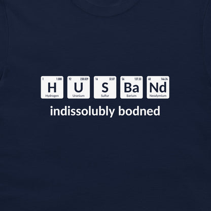 Close-up of navy chemistry T-shirt with Husband periodic table element design