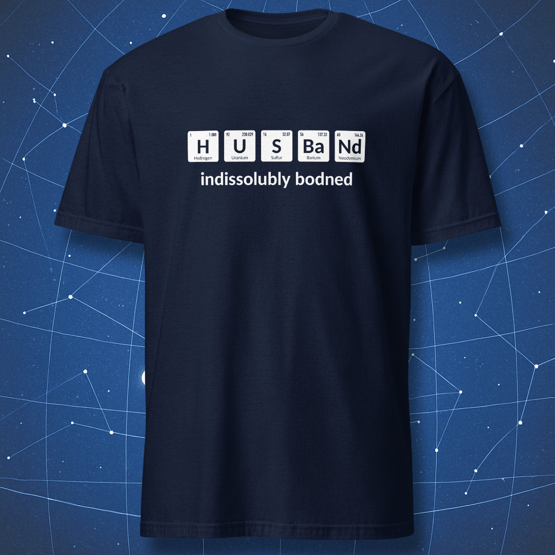 Navy T-shirt featuring H U S Ba Nd elements spelling Husband with a chemistry marriage joke
