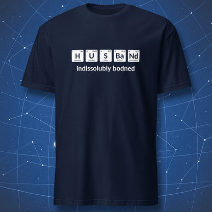 Navy T-shirt featuring H U S Ba Nd elements spelling Husband with a chemistry marriage joke