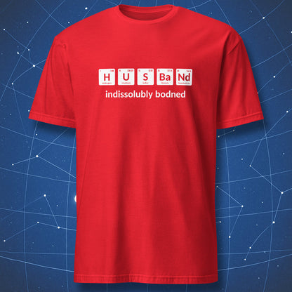 Red T-shirt with H U S Ba Nd periodic table symbols and indissolubly bonded science joke