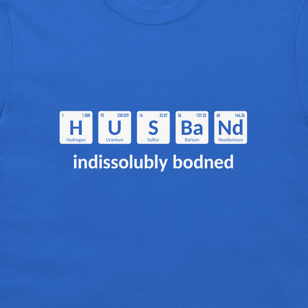 Close-up of royal blue Husband periodic table chemistry joke T-shirt