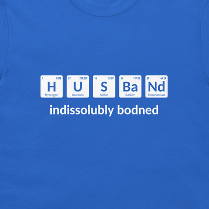 Close-up of royal blue Husband periodic table chemistry joke T-shirt