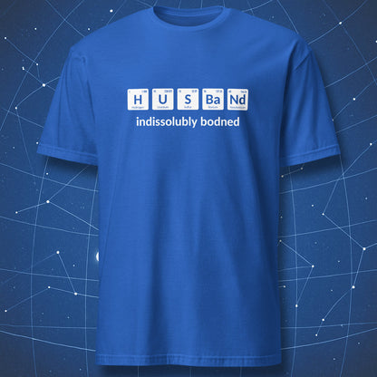 Royal blue Husband T-shirt with periodic table elements and indissolubly bonded text