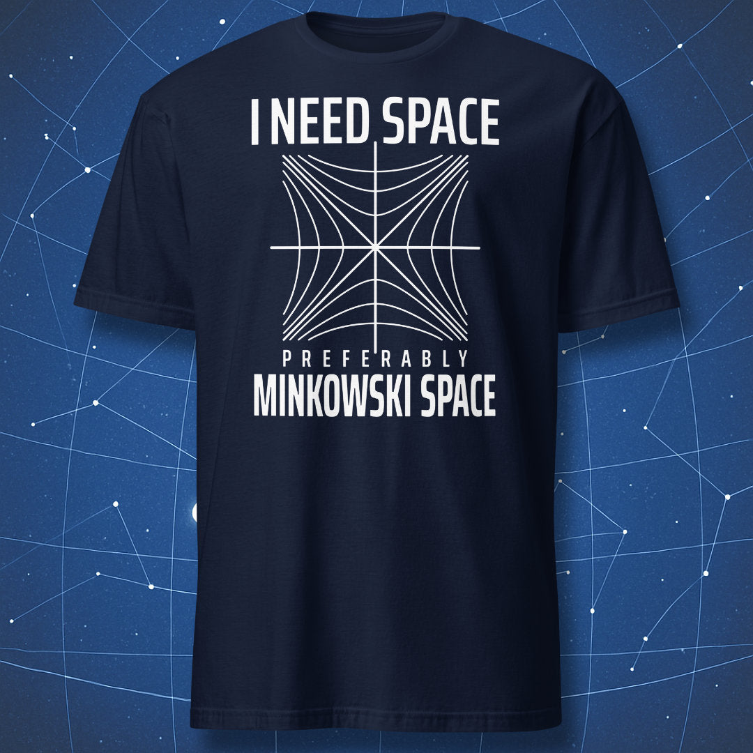 Navy I Need Space physics T-shirt with a white Minkowski spacetime diagram