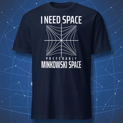 Navy I Need Space physics T-shirt with a white Minkowski spacetime diagram