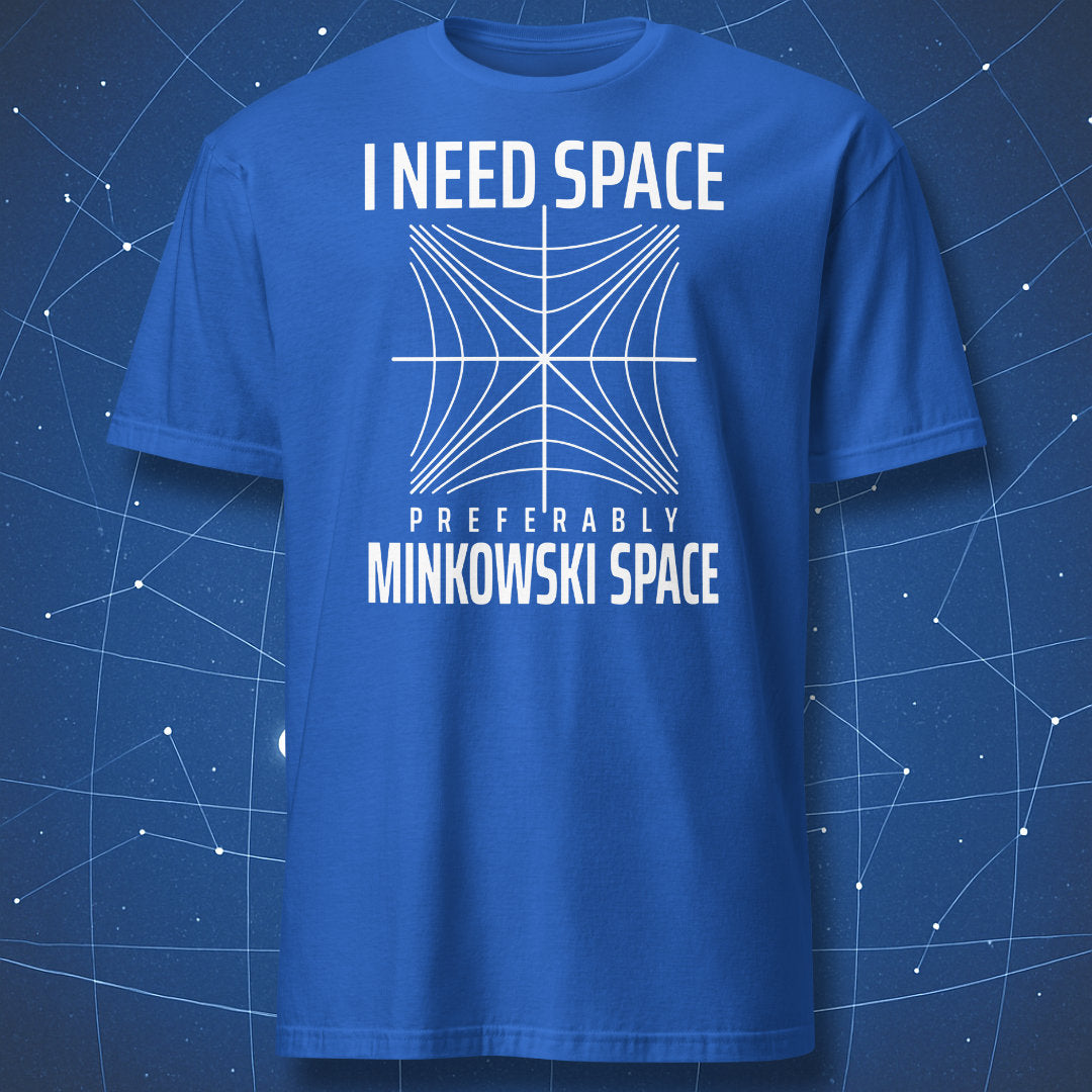 Royal blue I Need Space T-shirt with a white Minkowski spacetime diagram