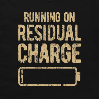 Close-up of the distressed residual charge battery design on a black T-shirt