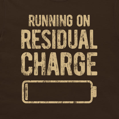 Close-up of the residual charge design on a dark chocolate T-shirt