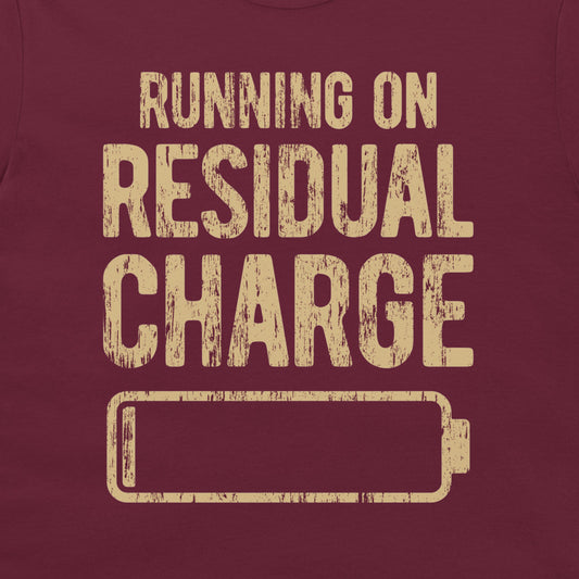 Close-up of the residual charge battery design printed on a maroon T-shirt