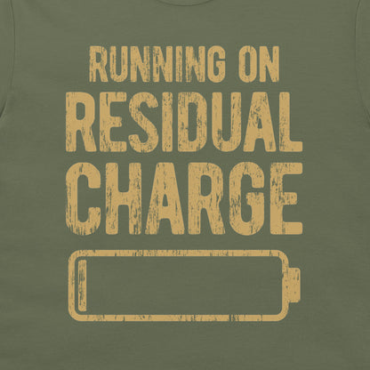 Close-up of the residual charge low-battery design on a military green T-shirt