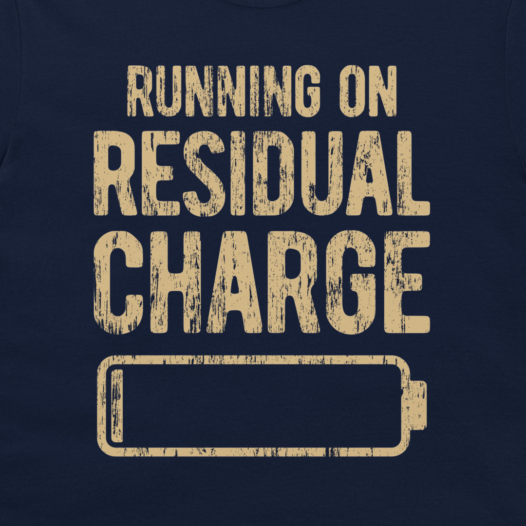 Close-up of the residual charge battery design printed on a navy T-shirt