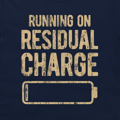 Close-up of the residual charge battery design printed on a navy T-shirt